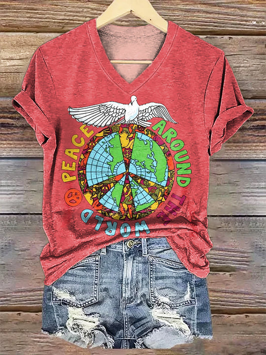 Women's Hippie Peace Dove Art Print V-neck Casual T-Shirt