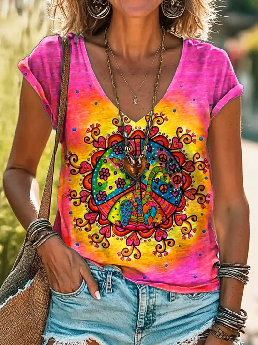 Women's Hippie Tie Dye Art Print Cotton V-neck T-Shirt