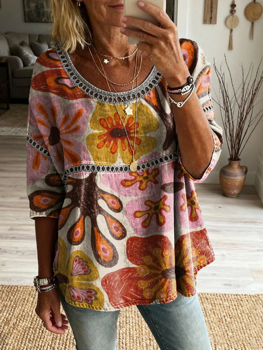Women's Floral Pattern Art Print Casual Round Neck Lace-up Top