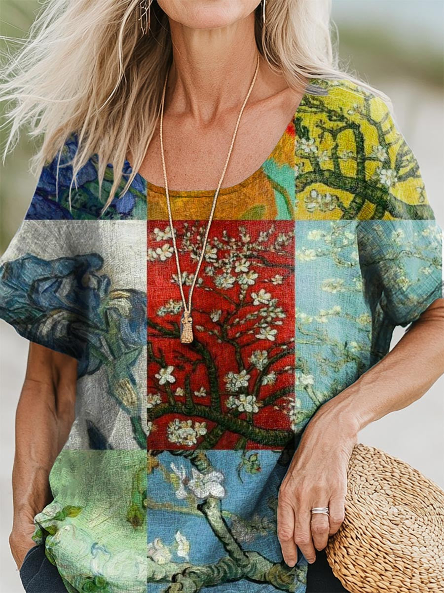 Women's Colorful Floral Patchwork Print Casual Cotton And Linen 3/4 Sleeve Shirt