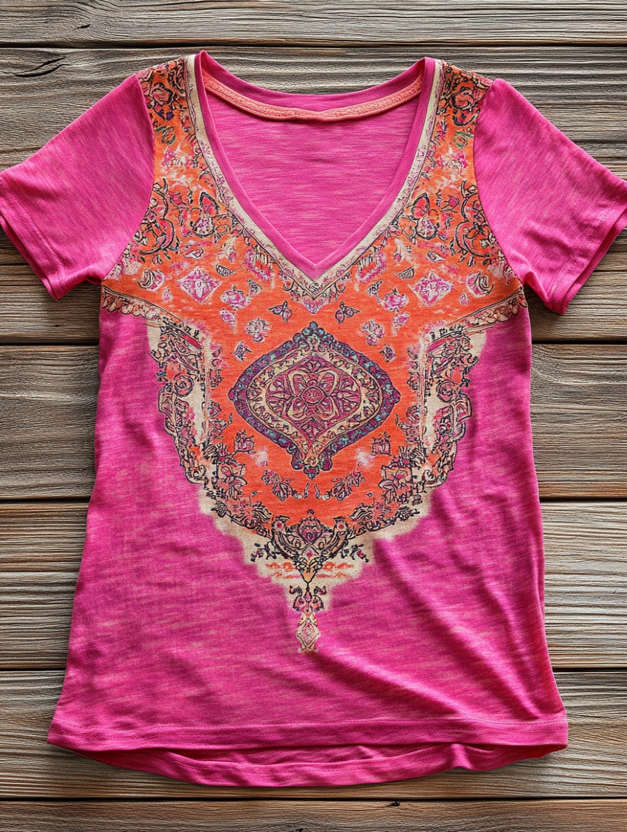 Women's National Totem Art Print V-neck Casual Cotton T-Shirt
