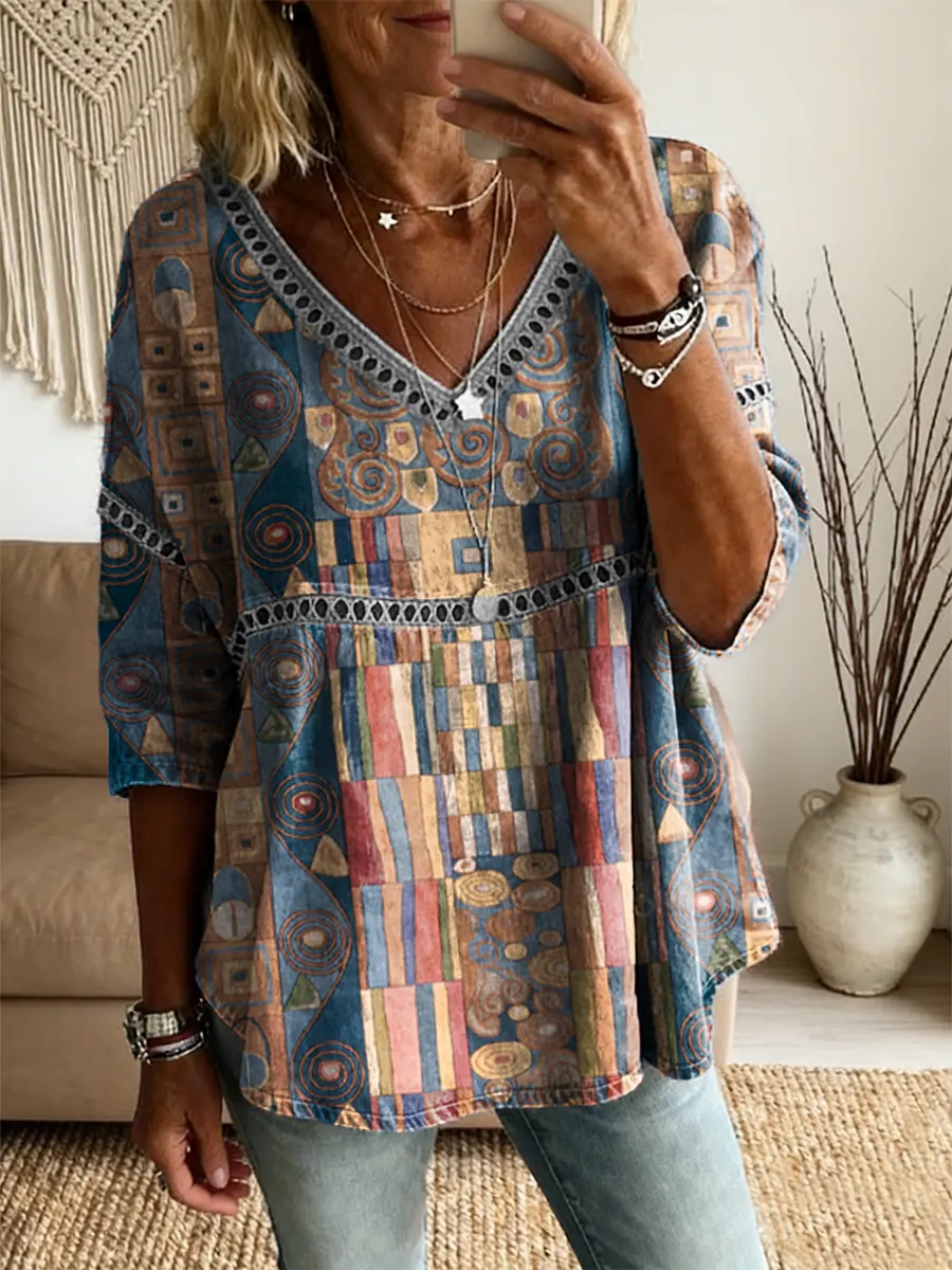 Ethnicity Geometry Totem Patchwork Women's Vintage Art Print Casual V Neck Cutout Top