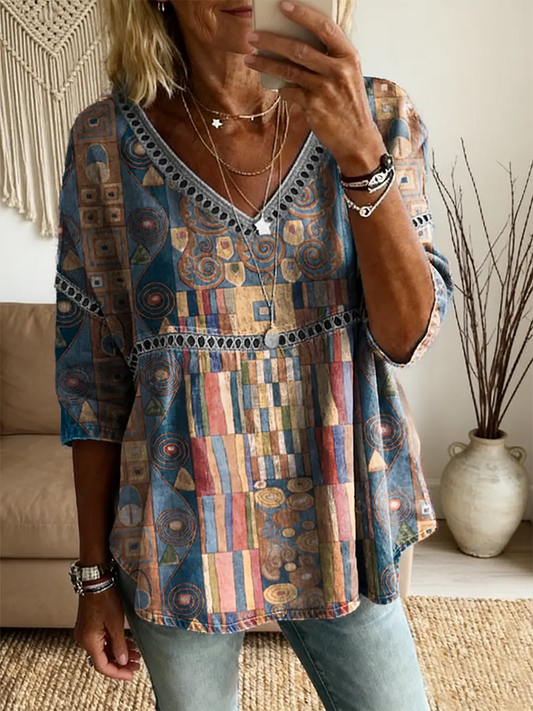 Ethnicity Geometry Totem Patchwork Women's Vintage Art Print Casual V Neck Cutout Top