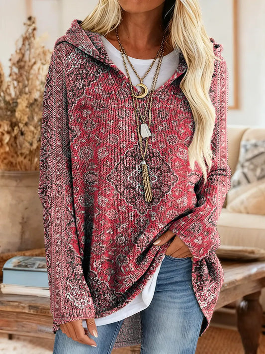 Women's Ethnic Totem Art Pattern Print Casual Knitted Hooded Tunic Top