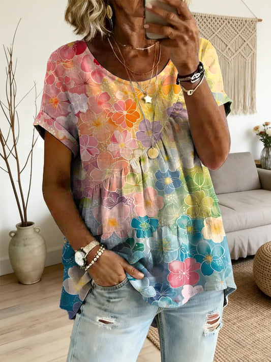 Ethnicity Colorful Flowers Women's Art Print Round Neck Loose Short-sleeved Shirt – Side Tether