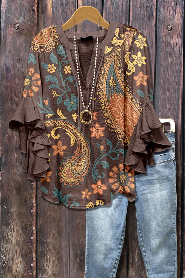 Vintage Paisley Print Ruffle Sleeve Top