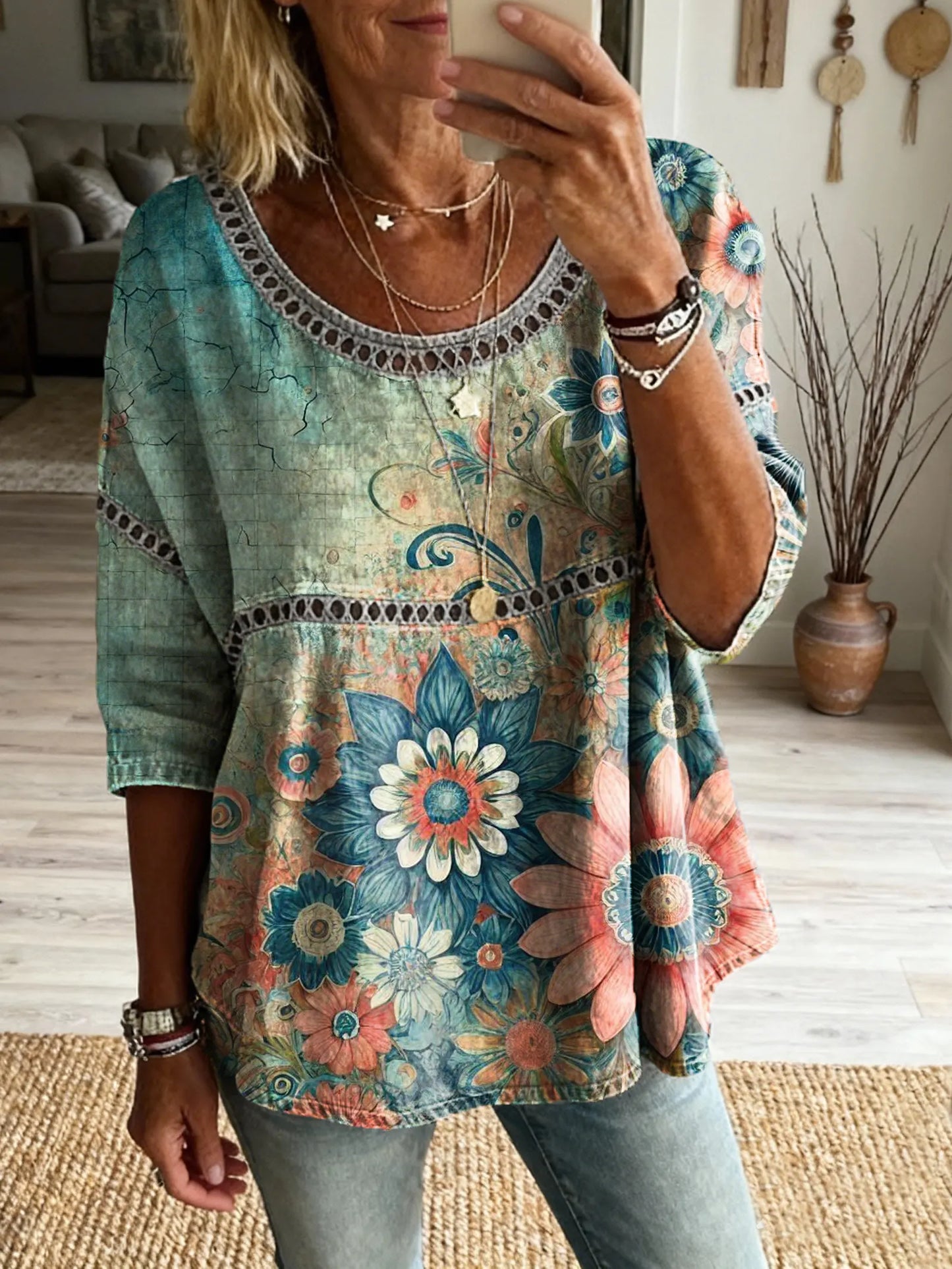 Women's Floral Pattern Art Print Casual Round Neck Lace-up Top