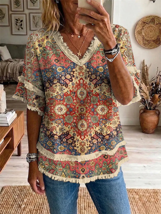 Ethnicity Flowers Totem Women's Art Casual Patchwork V Collar Shirt