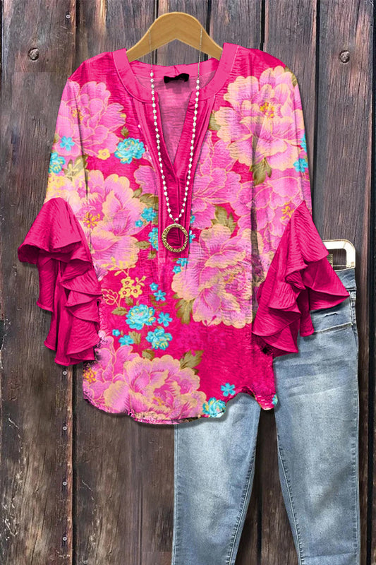 Elegant Floral Print Ruffle Sleeve Top