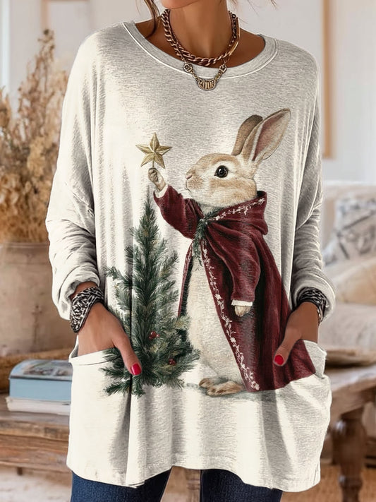 Women's Retro Christmas Art Print Casual Long Sleeve Crew Neck Cotton T-Shirt