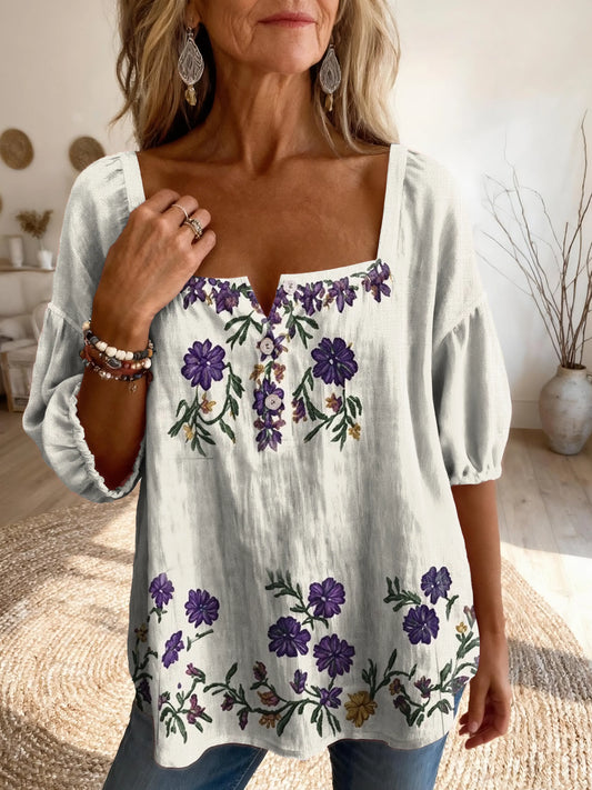 Ethnicity Bohemian Style Purple Flowers Women's Vintage Art Print Casual Square-neck Top