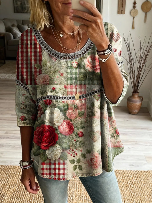 Women's Floral Pattern Art Print Casual Round Neck Lace-up Top