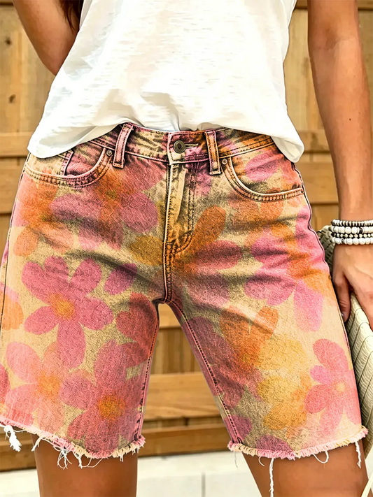 Women's Retro Bohemian Petal Art Print Casual Washed Cotton Shorts