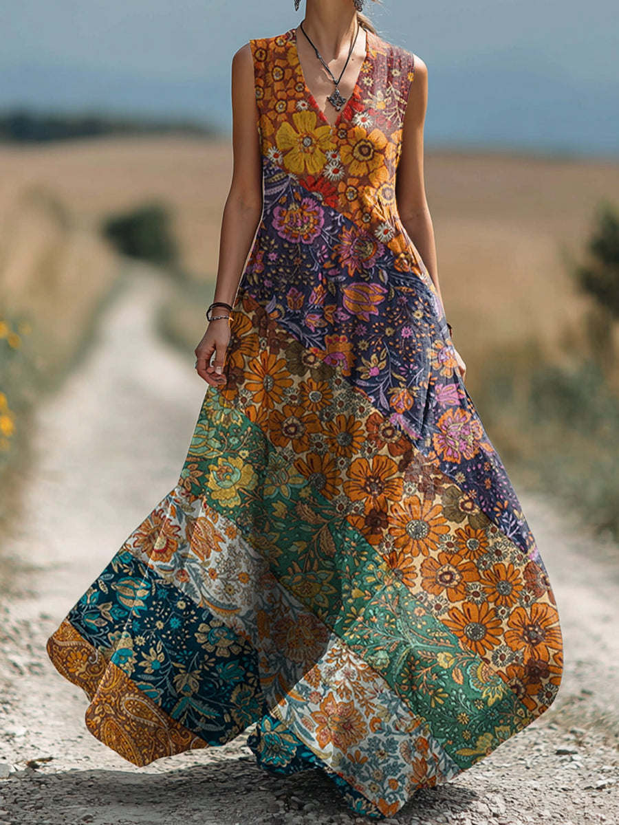 Women's Vintage Boho Floral Collage Art Print Sleeveless Cotton Pocket Dress
