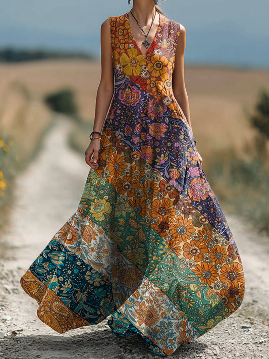 Women's Vintage Boho Floral Collage Art Print Sleeveless Cotton Pocket Dress