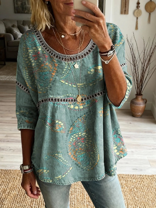 Women's Ethnic Paisley Art Print Round Neck Hollow-out Shirt