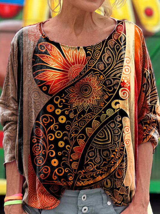 Retro Ethnic Pattern Art Print Casual Long Sleeve T-shirt
