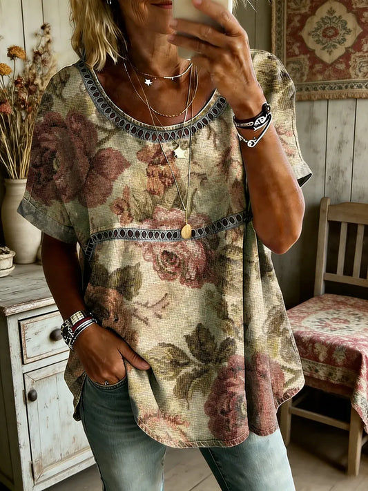 Women's Retro Floral Art Print Round Neck Short Sleeve Hollow-Out Shirt