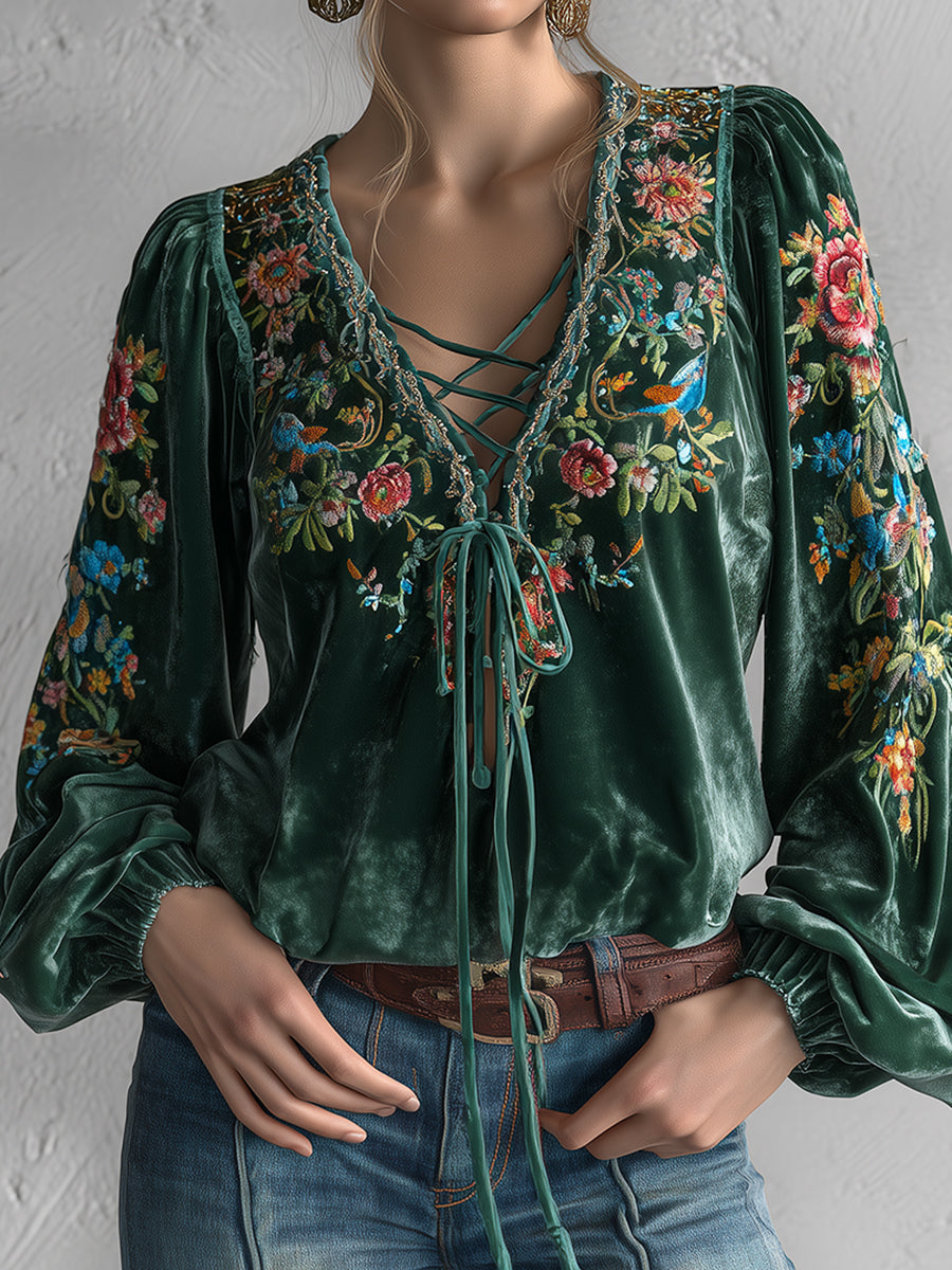 Ursime Dark Green Velvet Floral Print Lace-Up V Neck Lantern Sleeve Blouse