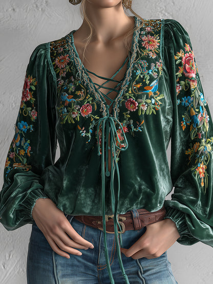 Ursime Dark Green Velvet Floral Print Lace-Up V Neck Lantern Sleeve Blouse