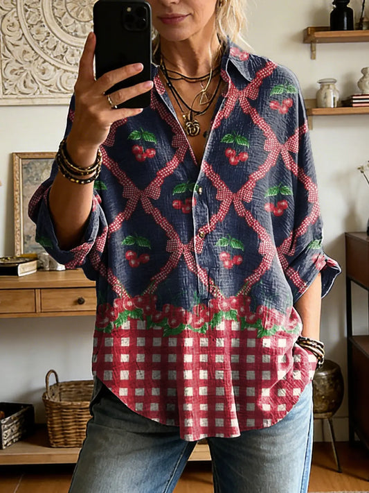 Women's Long-sleeve Casual Shirt With Cherry Check Artistic Print