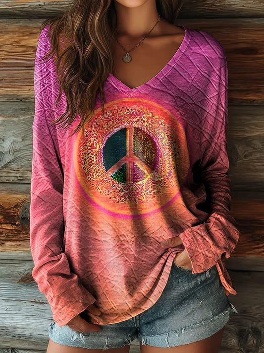 Texture Hippie Women's Print Casual V-neck Long Sleeve T-shirt