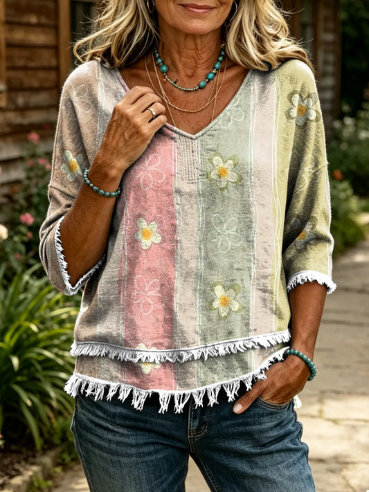 Women's Retro-Style Petal Art Print Casual Top