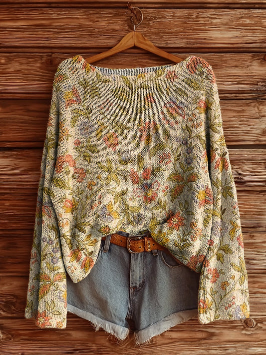 Women's Vintage Floral Art Print Casual Pullover Sweater