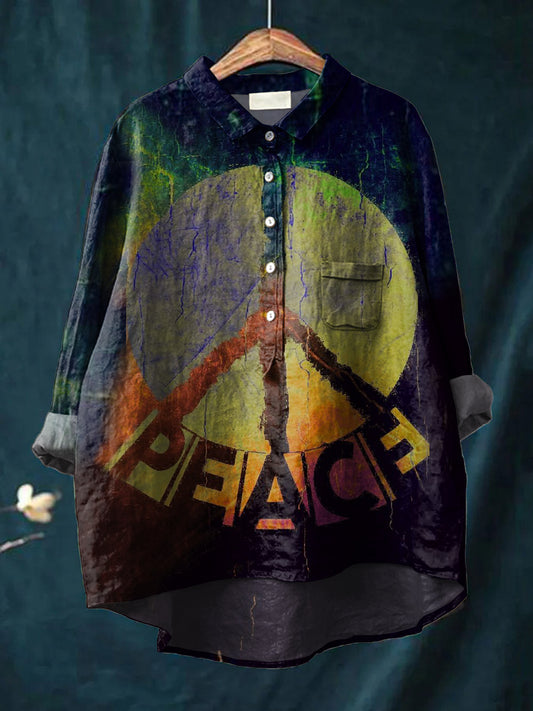 Women's Anti-war Peace Sign Print Casual Cotton And Linen Shirt