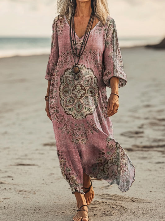 Women's Retro Totem Folk Flower Art Print Pocket Cotton Dress