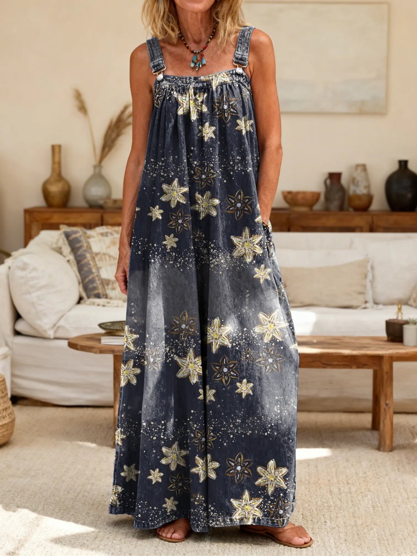 Women's Vintage Star Art Print Casual Overalls