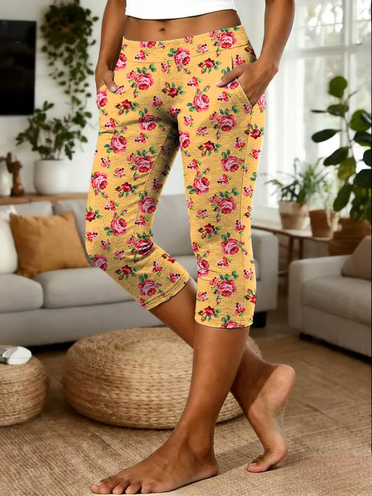 Women's Vintage Red Floral Art Print Casual Leggings