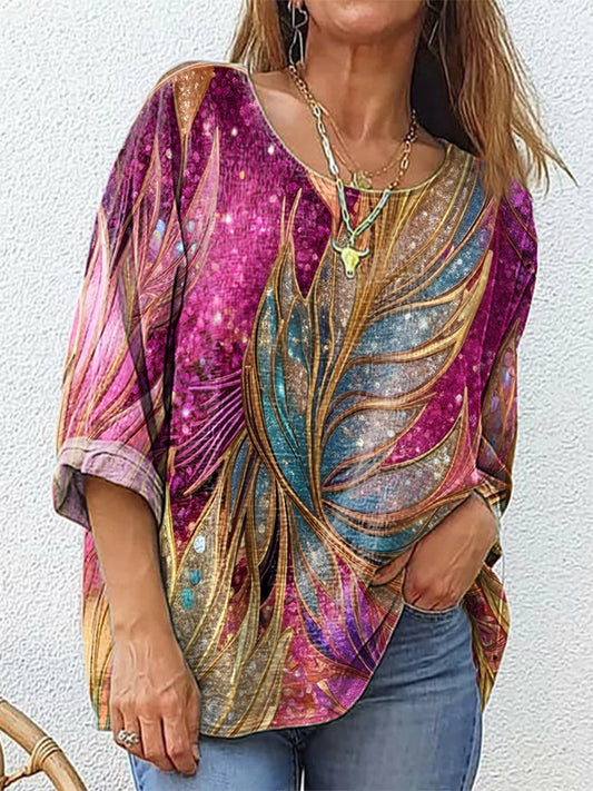 Women's Glitter Feathers Art Print Casual Cotton And Linen Shirt