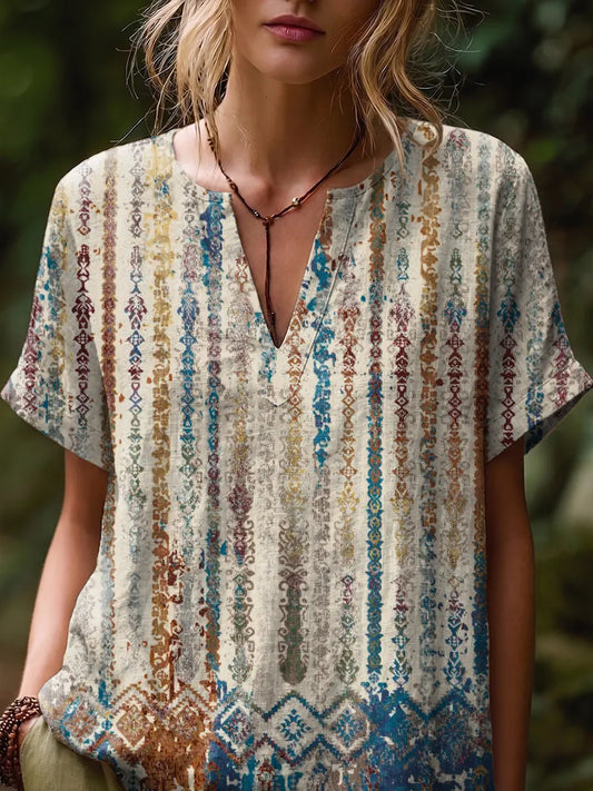 Ethnicity Totem Stripes Women's Art Print Casual Short-sleeve V-neck Cotton Linen Shirt