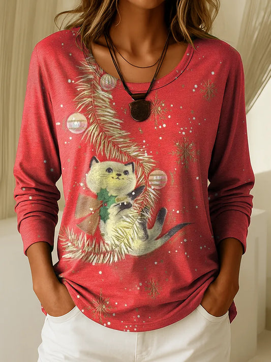 Women&#39;s Vintage Christmas Cat Art Print Casual T-shirt