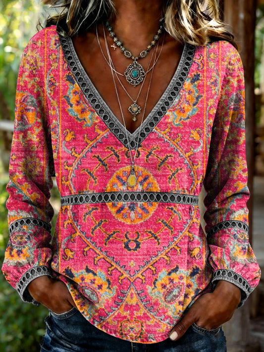 Women's Retro Ethnic Totem Art Print Casual Long-sleeved V-neck Hollow-out Shirt