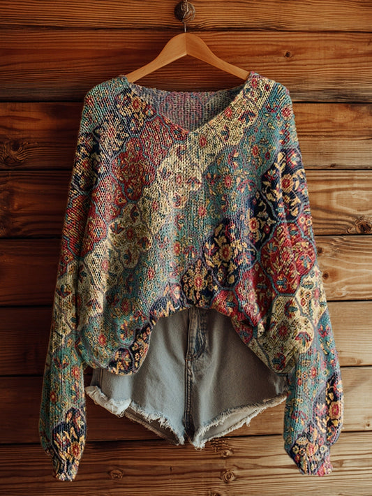 Women's Retro Ethnic Totem Collage Art Pattern Print Casual V Neck Pullover Sweater