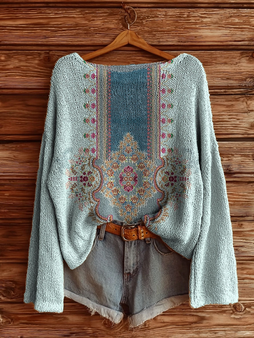 Women's Vintage Ethnic Floral Tattoo Pattern Art Print Casual Pullover Sweater