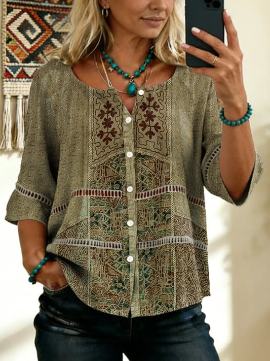 Women's Vintage Ethnic-print Artistic-print Short-sleeve Shirt With Openwork Buttons
