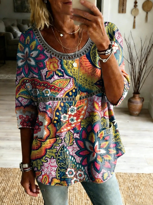 Women's Bohemian Patchwork Floral Art Print Casual Round-Neck Top with Cutout Pockets