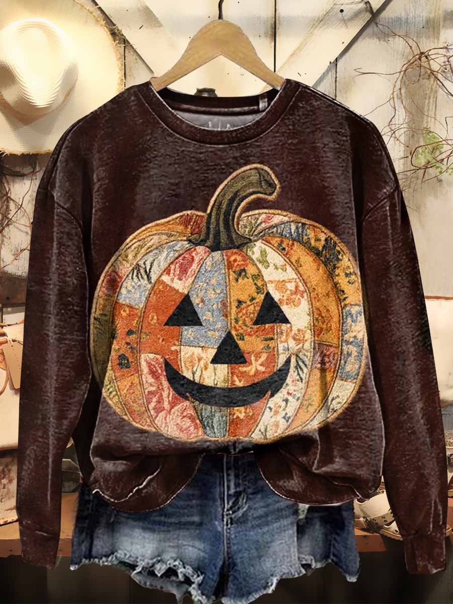 Women's Pumpkin Patchwork Print Casual Crew Neck Sweatshirt