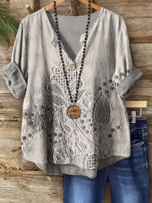 Women's Floral Art Print Casual Cotton Linen Shirt