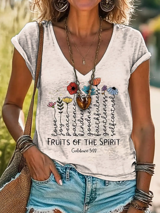 Fruits of The Spipit Graphic Art Print 100% Cotton V-neck T-shirt