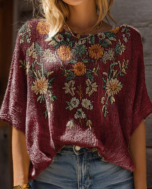 Women's Bohemian Floral Art Print Casual Short Sleeves Pullover Sweater