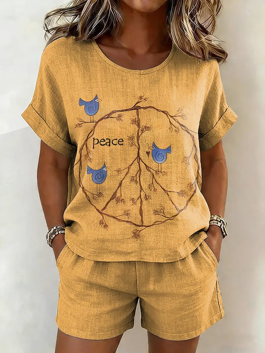 Women's Hippie Peace Bird Art Print Shirt & Shorts Two-Piece Set