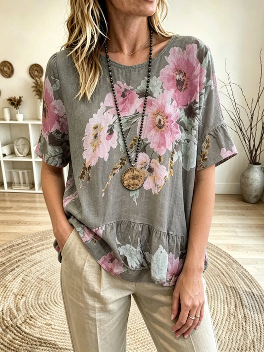 Women's Round Neck Short Sleeve Floral Print Waist Ruffle Babydoll Blouse Top