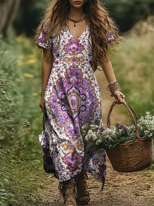 Women's Vintage Ethnic Floral Art Print Pocket Cotton Dress