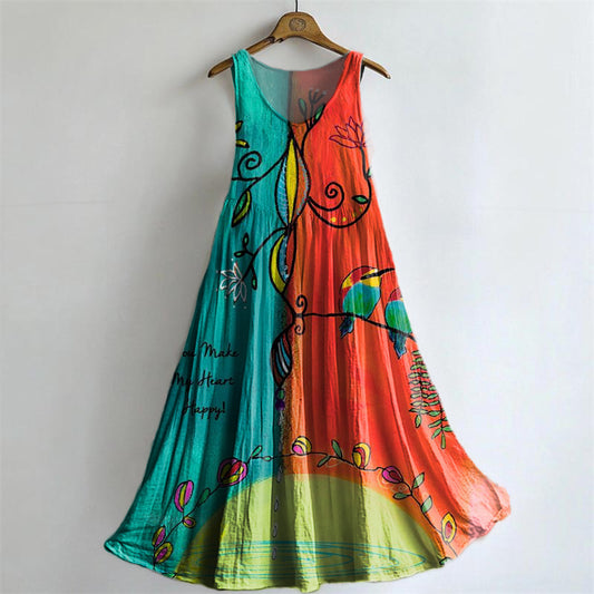 Women's Vintage Floral Bird Art Print Sleeveless Cotton Pocket Dress