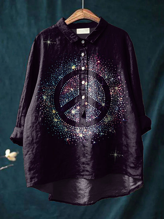 Women's  Peace Hippie Print Casual Cotton And Linen Shirt