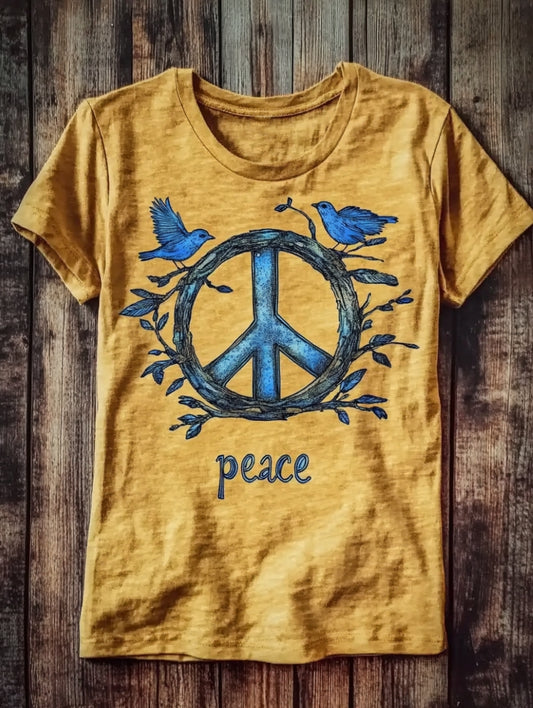 Women's Vintage Peace Love Birds Print Casual Crew Neck Casual T-Shirt
